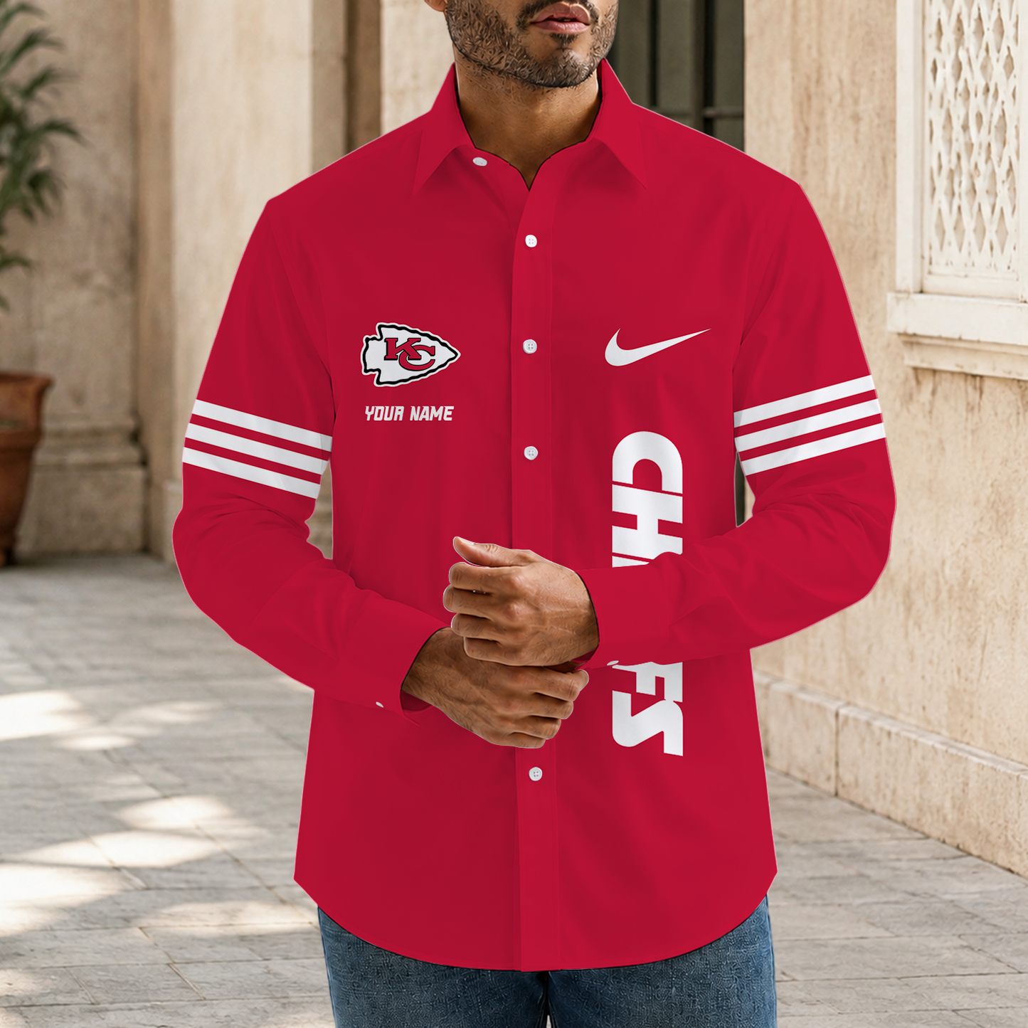 [SPECIAL OFFER] NEW CUSTOMIZED NFL01 KCC KANSAS CITY CHIEFS MEN'S LONG SLEEVE BUTTON-UP SHIRT