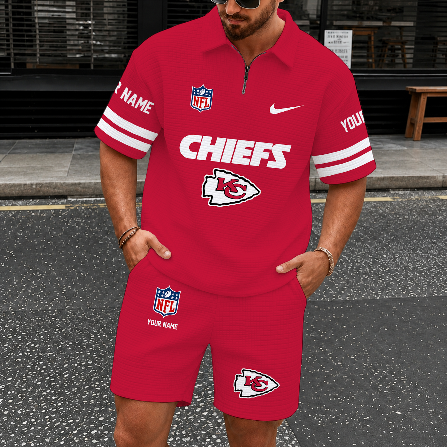 [SPECIAL OFFER] NEW CUSTOMIZED NFL01 KCC KANSAS CITY CHIEFS QUARTER-ZIP POLO SHIRT & SHORTS SET