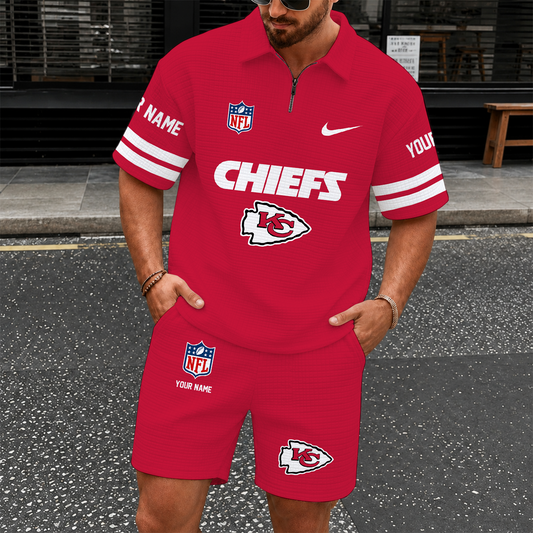[SPECIAL OFFER] NEW CUSTOMIZED NFL01 KCC KANSAS CITY CHIEFS QUARTER-ZIP POLO SHIRT & SHORTS SET