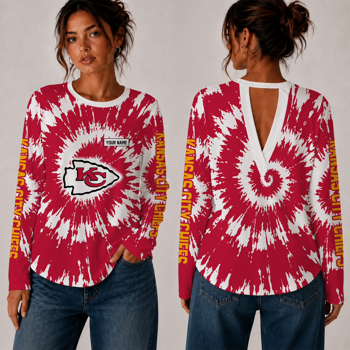 [SPECIAL OFFER] NEW CUSTOMIZED NFL01 KCC KANSAS CITY CHIEFS WOMEN'S BACK V-CUT LONG-SLEEVE SHIRT