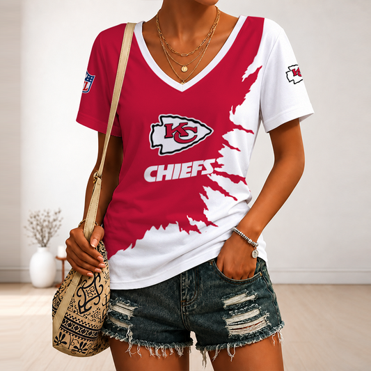 [SPECIAL OFFER] NEW CUSTOMIZED NFL01 KCC KANSAS CITY CHIEFS V-NECK FEMALE SHIRT