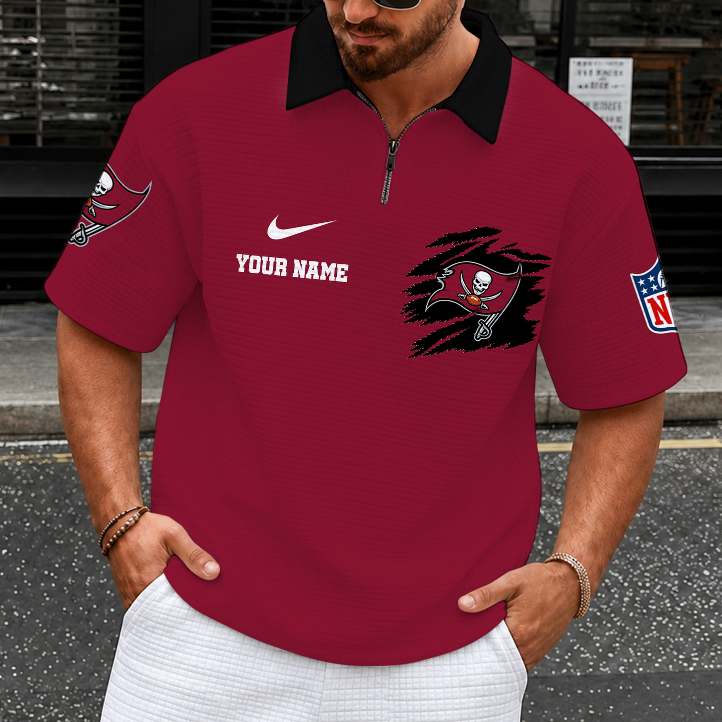 [SPECIAL OFFER] NEW CUSTOMIZED NFL10 TBB TAMPA BAY BUCCANEERS QUARTER-ZIP POLO SHIRT