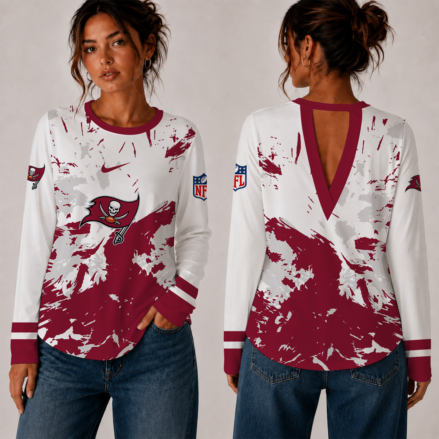 [SPECIAL OFFER] NEW CUSTOMIZED NFL10 TBB TAMPA BAY BUCCANEERS WOMEN'S BACK V-CUT LONG-SLEEVE SHIRT