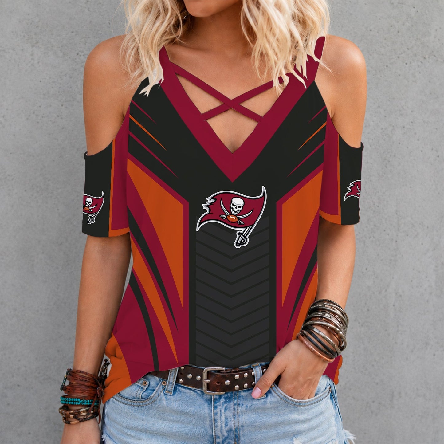 [SPECIAL OFFER] NEW CUSTOMIZED NFL10 TBB TAMPA BAY BUCCANEERS CRISS CROSS V-NECK TOP