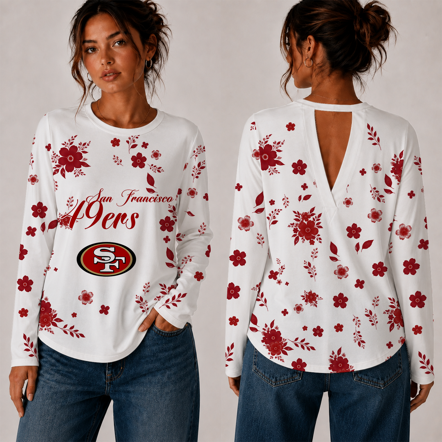 [SPECIAL OFFER] NEW CUSTOMIZED NFL11 SF49 SAN FRANCISCO 49ERS WOMEN'S BACK V-CUT LONG-SLEEVE SHIRT