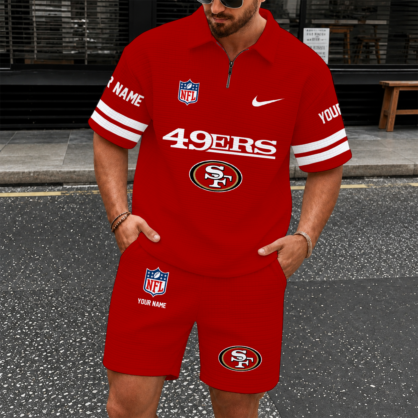 [SPECIAL OFFER] NEW CUSTOMIZED NFL11 SF49 SAN FRANCISCO 49ERS QUARTER-ZIP POLO SHIRT & SHORTS SET