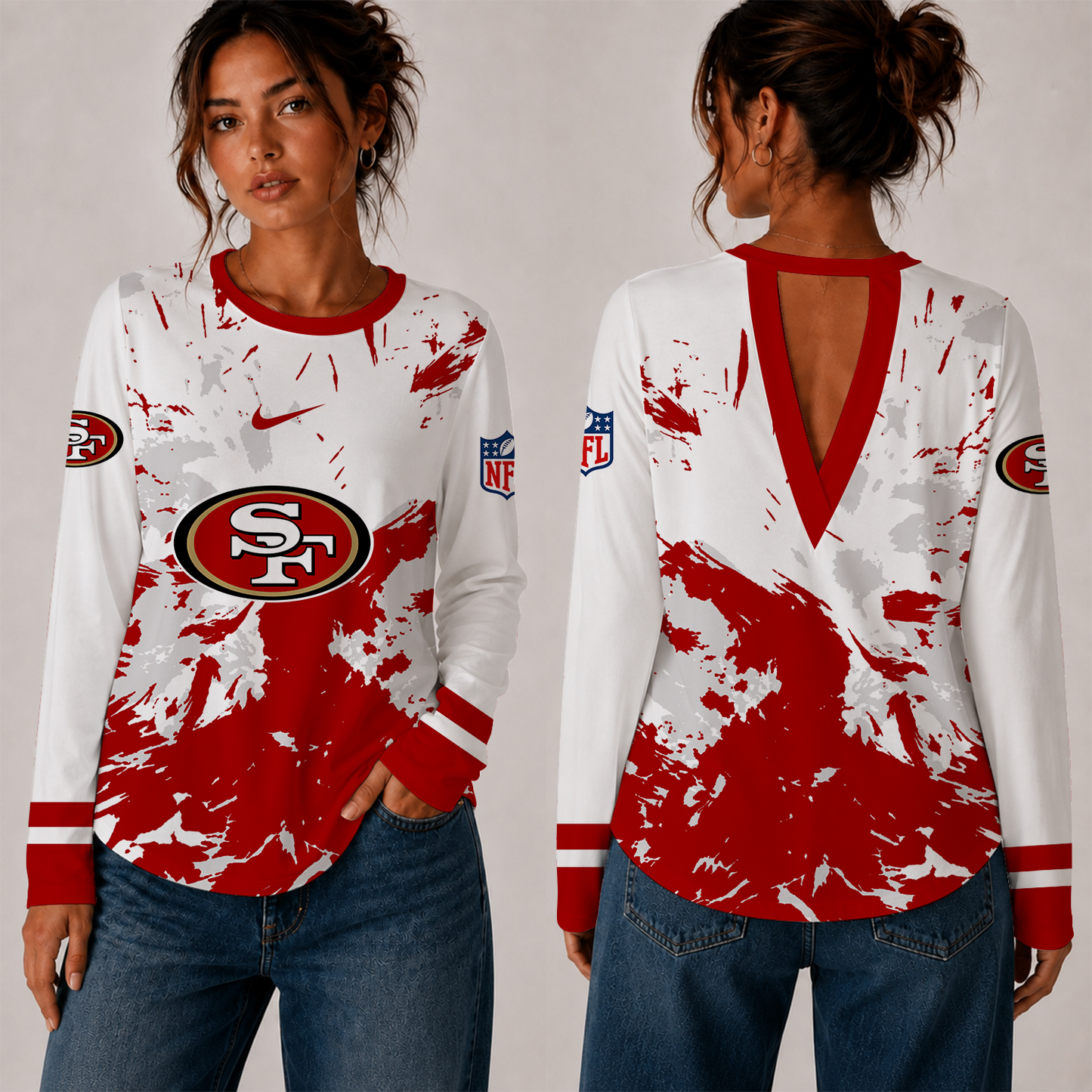 [SPECIAL OFFER] NEW CUSTOMIZED NFL11 SF49 SAN FRANCISCO 49ERS WOMEN'S BACK V-CUT LONG-SLEEVE SHIRT