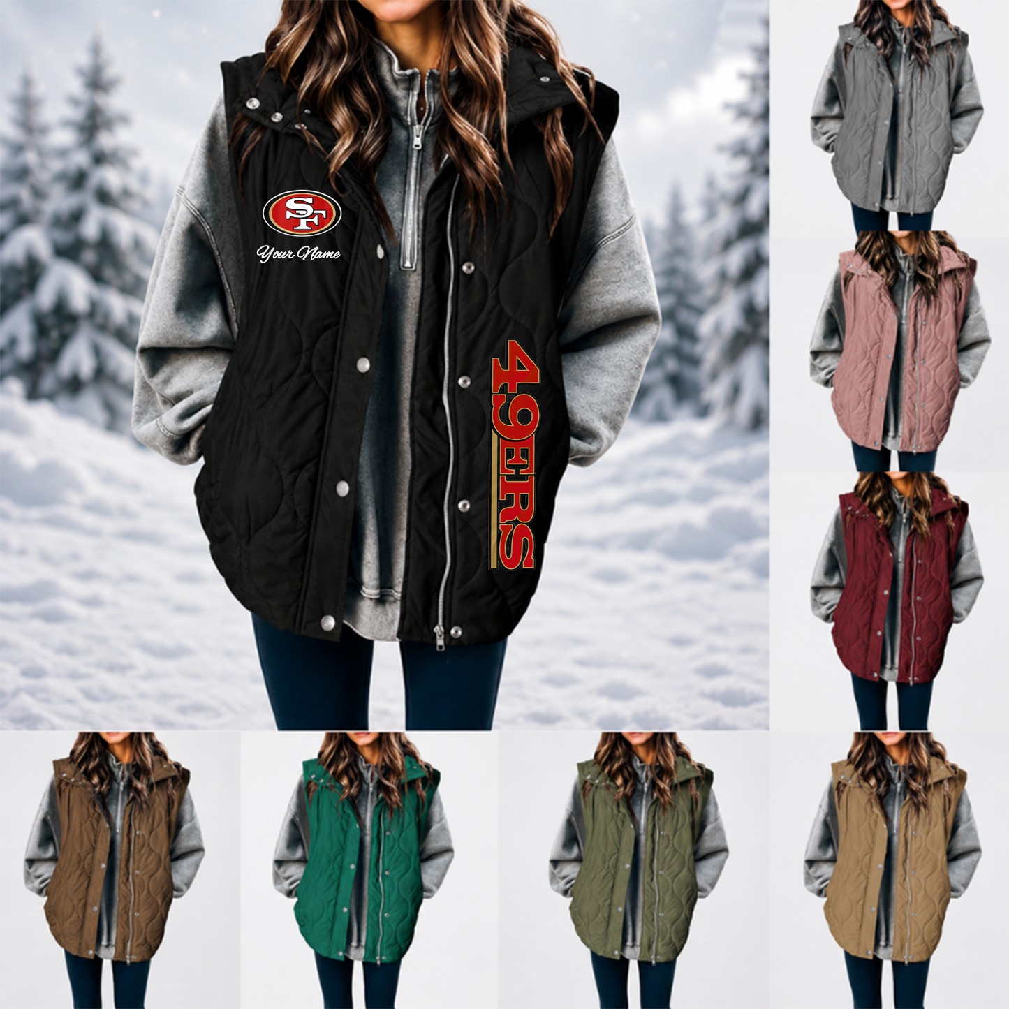 [SPECIAL OFFER] NEW CUSTOMIZED NFL11 SF49 SAN FRANCISCO 49ERS WOMEN'S MULTICOLOR SLEEVELESS PUFFER COAT