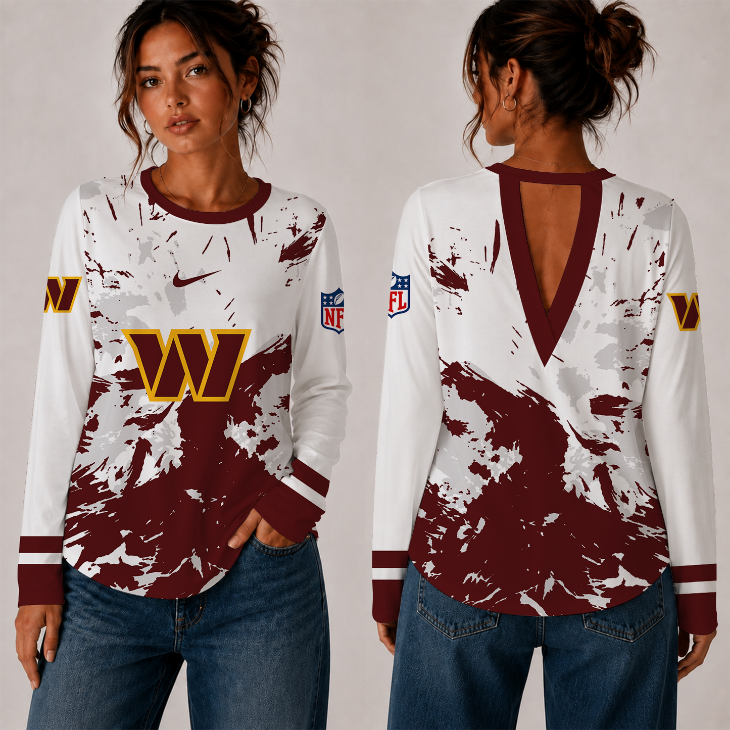 [SPECIAL OFFER] NEW CUSTOMIZED NFL12 WTC WASHINGTON COMMANDERS WOMEN'S BACK V-CUT LONG-SLEEVE SHIRT