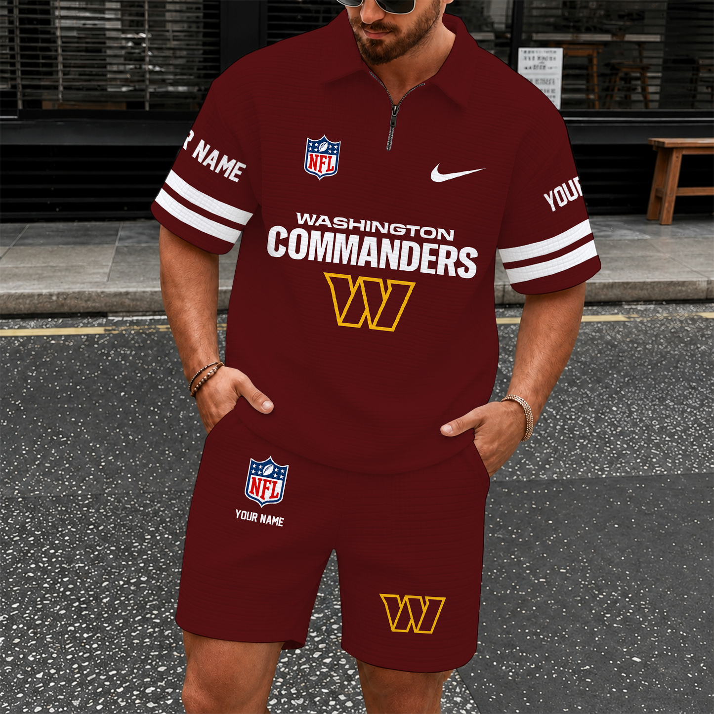 [SPECIAL OFFER] NEW CUSTOMIZED NFL12 WTC WASHINGTON COMMANDERS QUARTER-ZIP POLO SHIRT & SHORTS SET