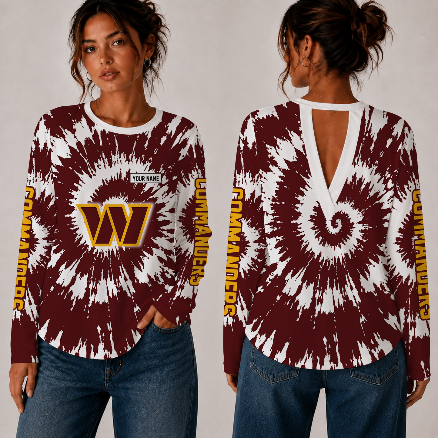 [SPECIAL OFFER] NEW CUSTOMIZED NFL12 WTC WASHINGTON COMMANDERS WOMEN'S BACK V-CUT LONG-SLEEVE SHIRT