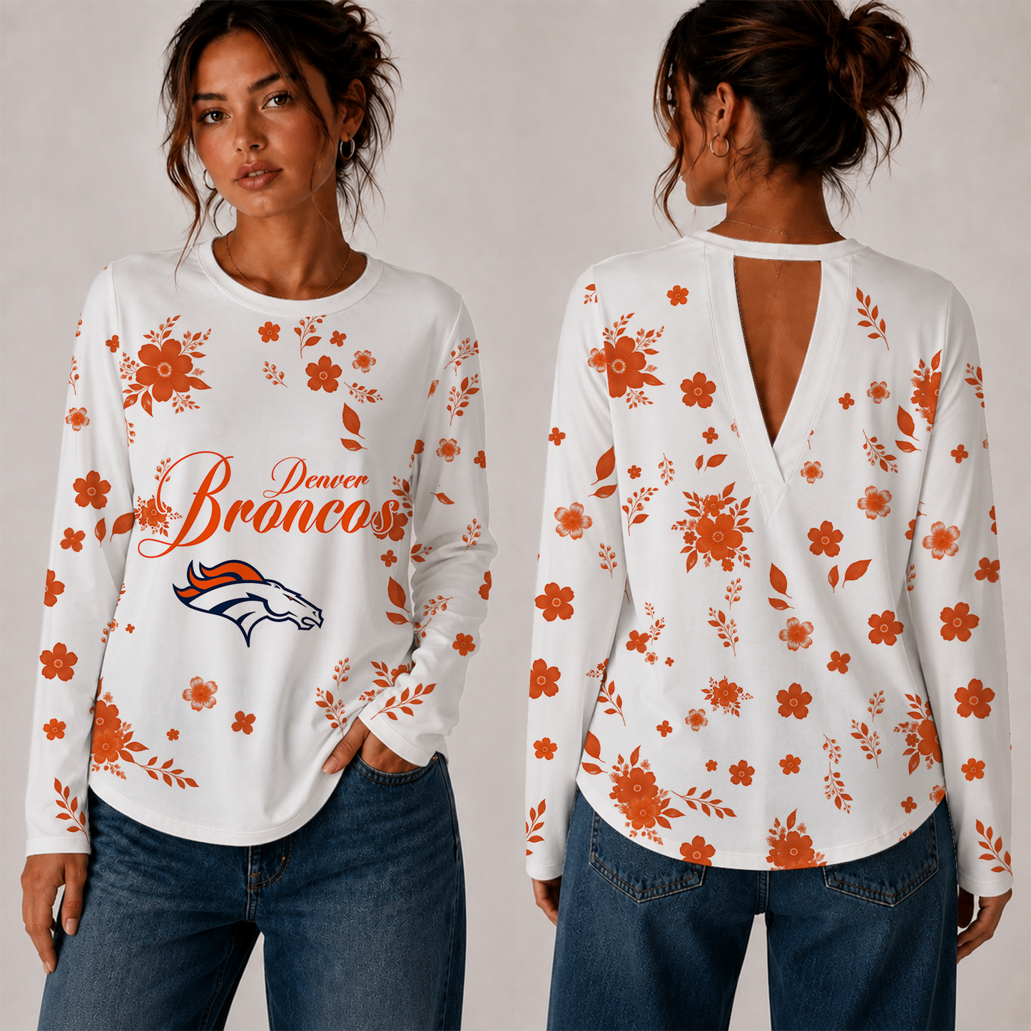 [SPECIAL OFFER] NEW CUSTOMIZED NFL13 DVB DENVER BRONCOS WOMEN'S BACK V-CUT LONG-SLEEVE SHIRT