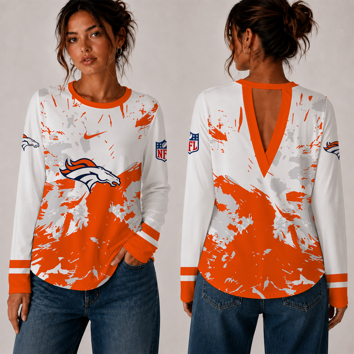 [SPECIAL OFFER] NEW CUSTOMIZED NFL13 DVB DENVER BRONCOS WOMEN'S BACK V-CUT LONG-SLEEVE SHIRT