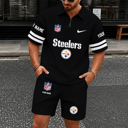 [SPECIAL OFFER] NEW CUSTOMIZED NFL14 PSB PITTSBURGH STEELERS QUARTER-ZIP POLO SHIRT & SHORTS SET