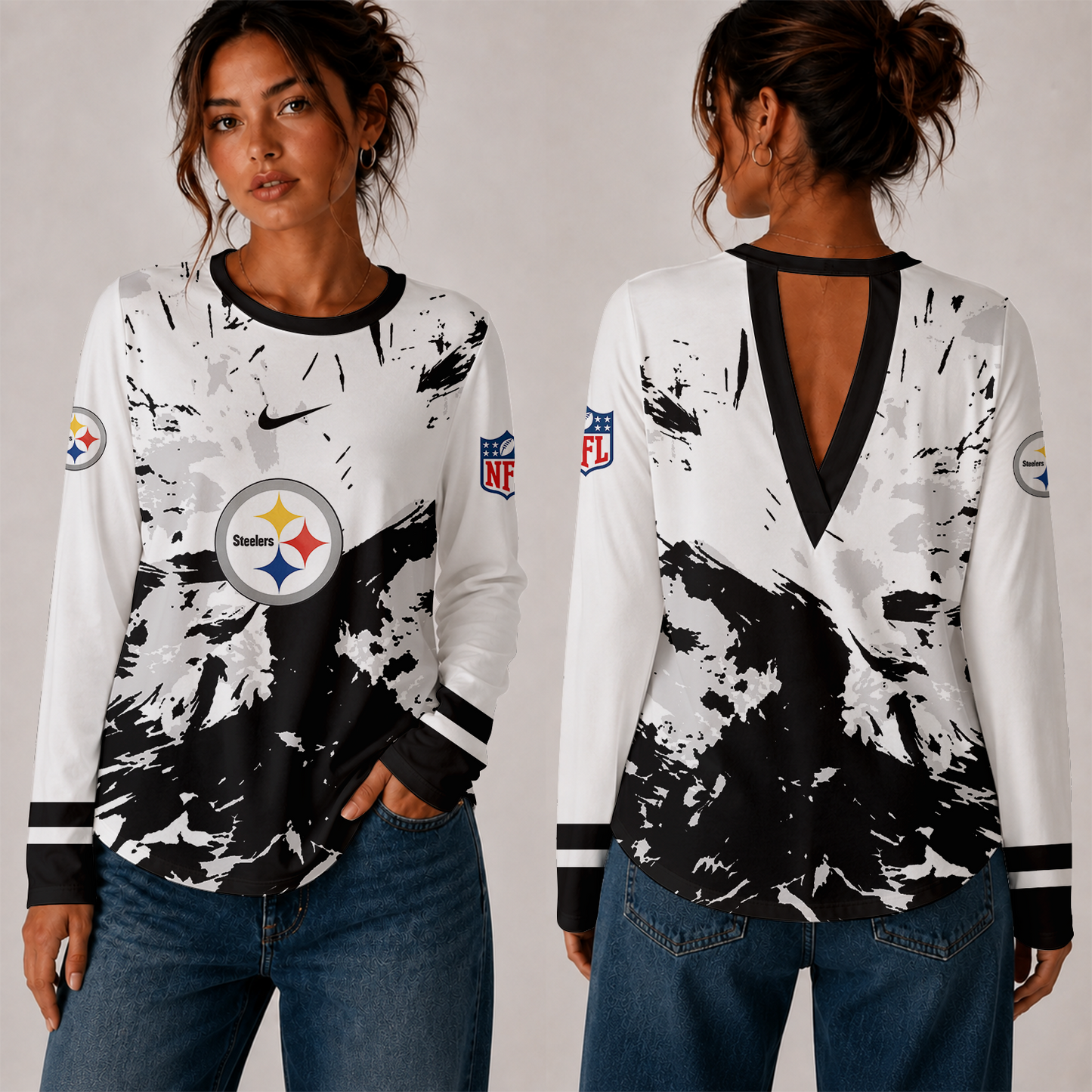 [SPECIAL OFFER] NEW CUSTOMIZED NFL14 PSB PITTSBURGH STEELERS WOMEN'S BACK V-CUT LONG-SLEEVE SHIRT