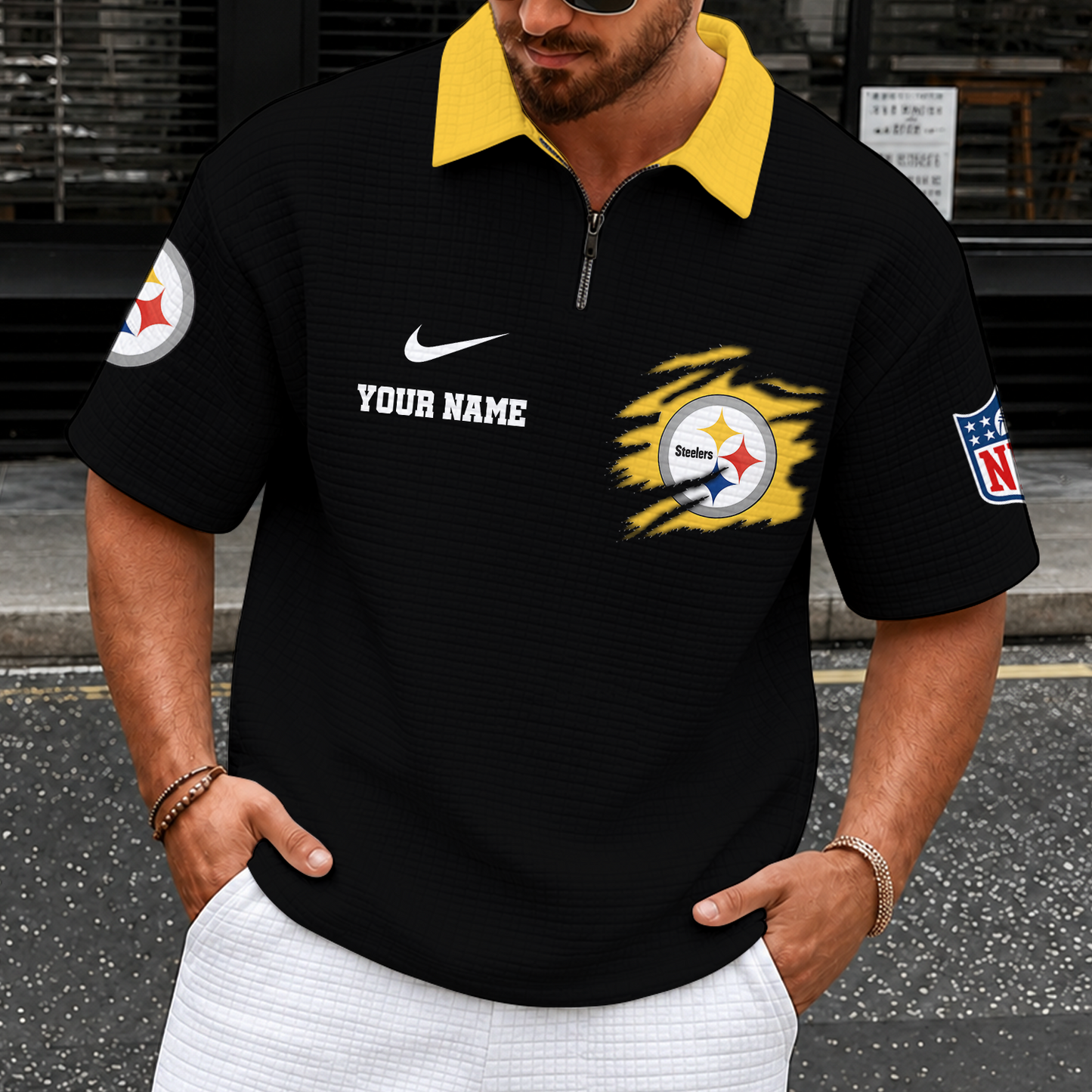 [SPECIAL OFFER] NEW CUSTOMIZED NFL14 PSB PITTSBURGH STEELERS QUARTER-ZIP POLO SHIRT