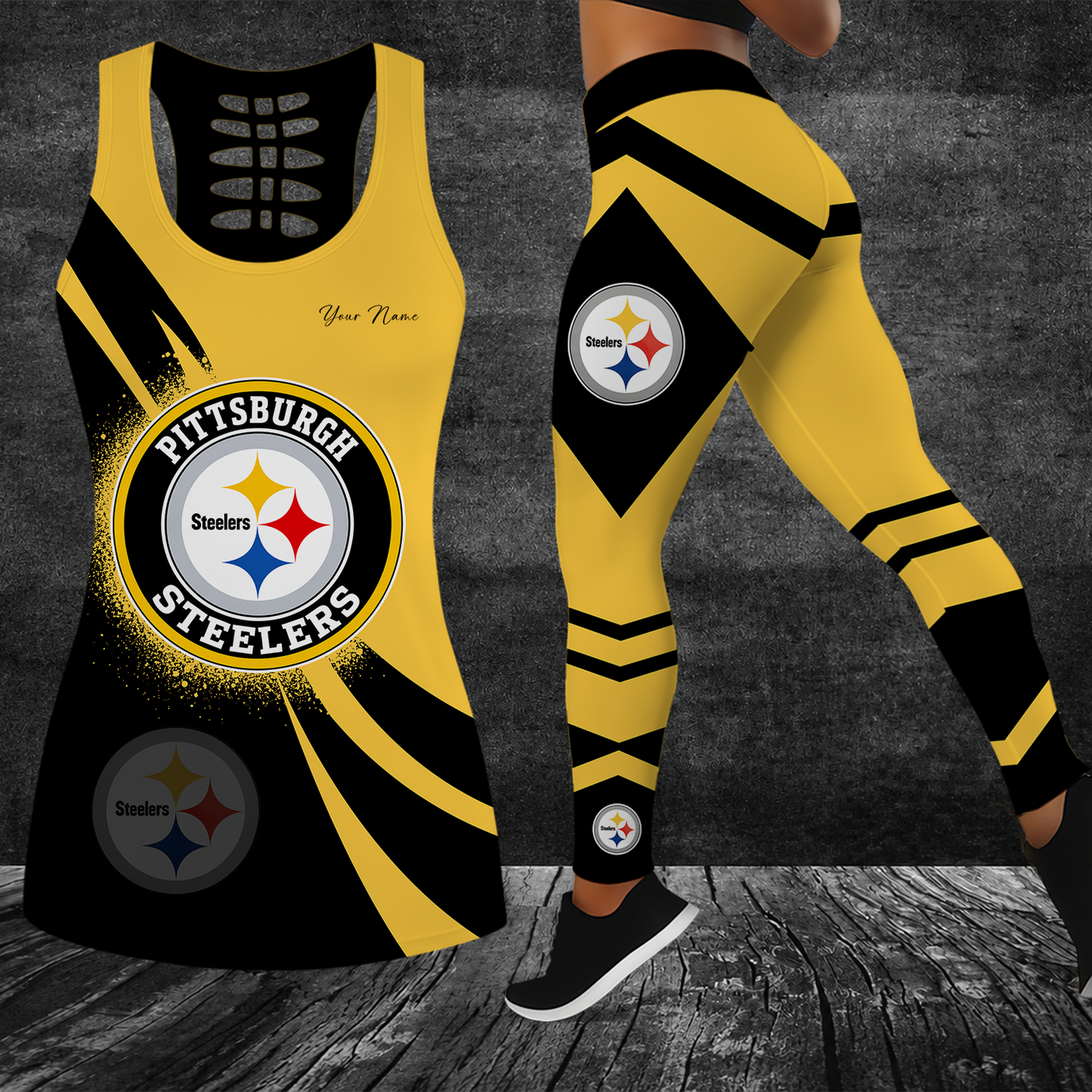 [SPECIAL OFFER] NEW CUSTOMIZED NFL14 PSB PITTSBURGH STEELERS HOLLOW TANK TOP & LEGGINGS SET