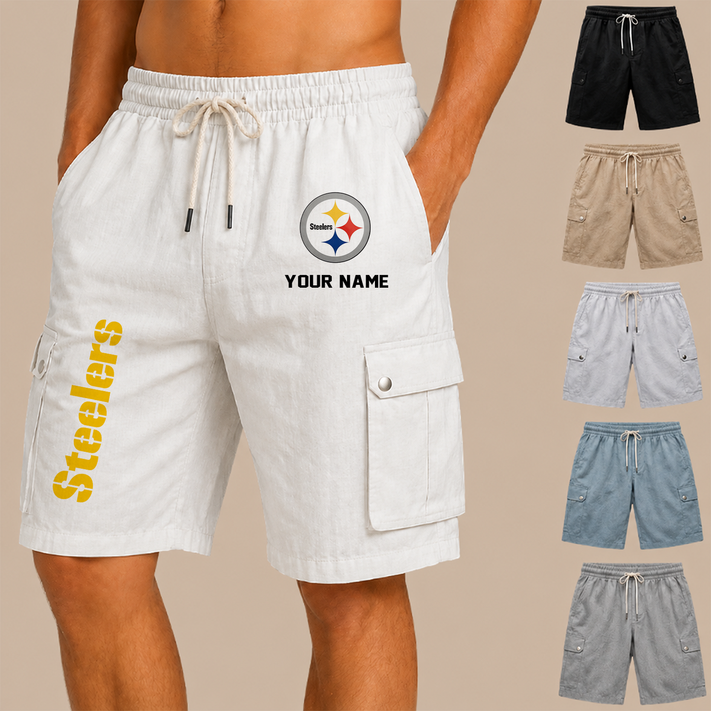 [SPECIAL OFFER] NEW CUSTOMIZED NFL14 PSB PITTSBURGH STEELERS MEN'S DRAWSTRING CARGO SHORTS