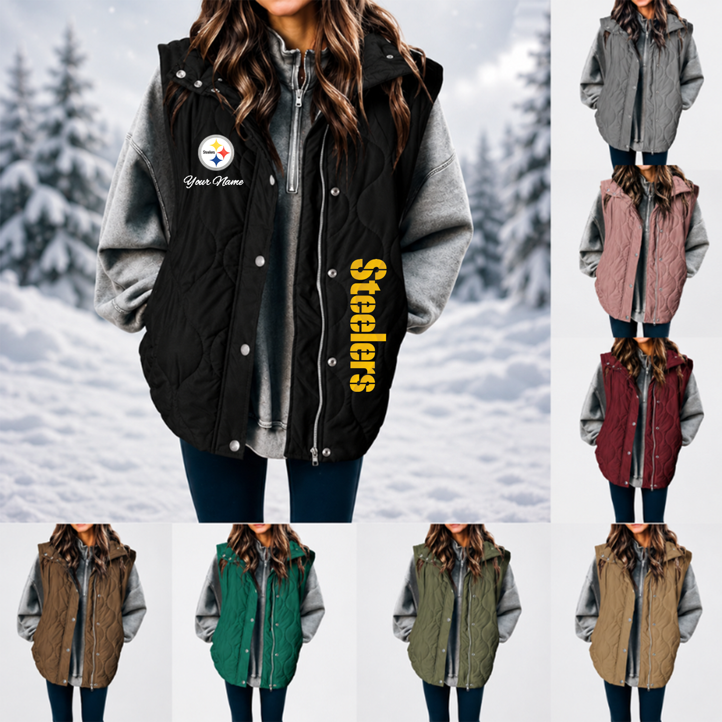 [SPECIAL OFFER] NEW CUSTOMIZED NFL14 PSB PITTSBURGH STEELERS WOMEN'S MULTICOLOR SLEEVELESS PUFFER COAT