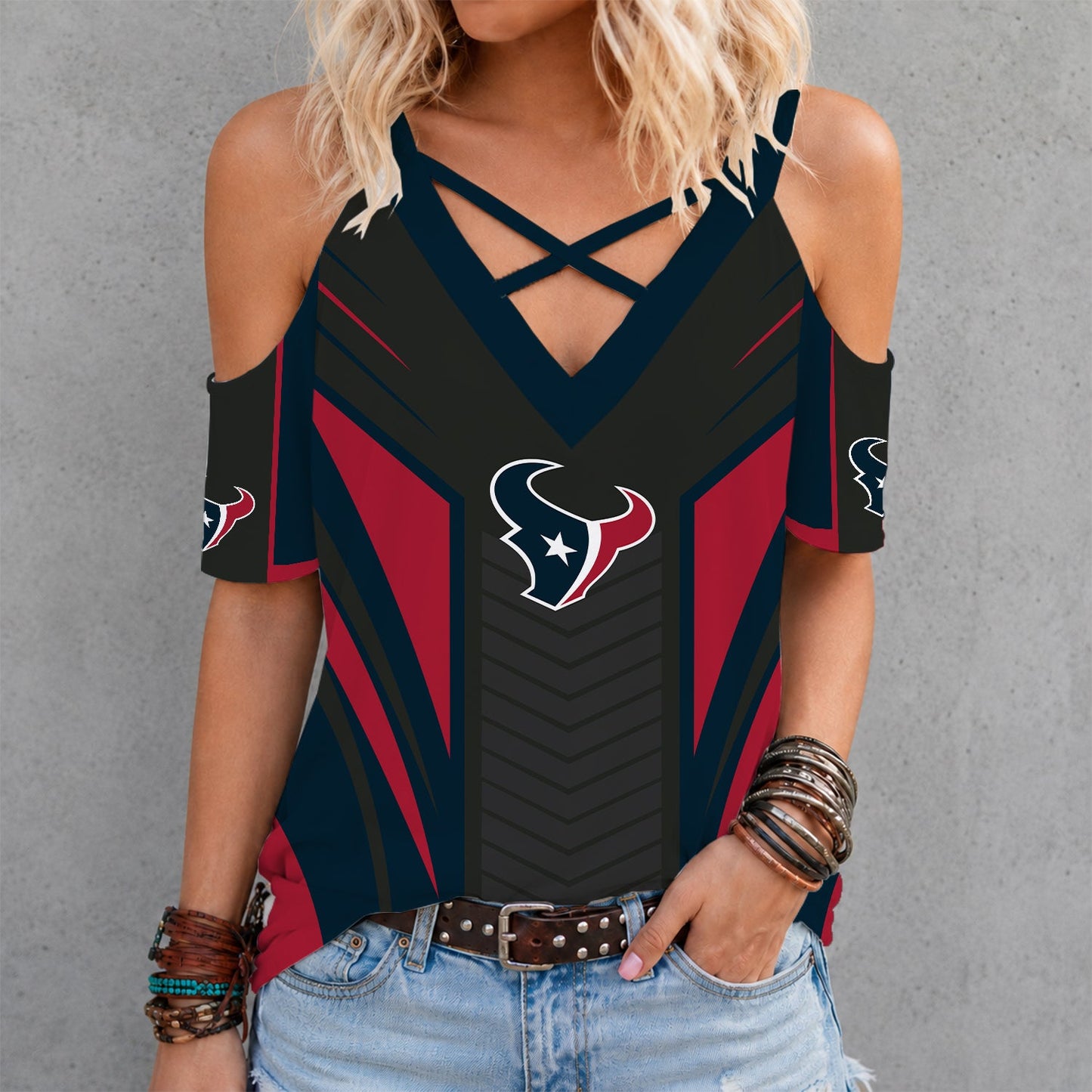 [SPECIAL OFFER] NEW CUSTOMIZED NFL15 HTT HOUSTON TEXANS CRISS CROSS V-NECK TOP