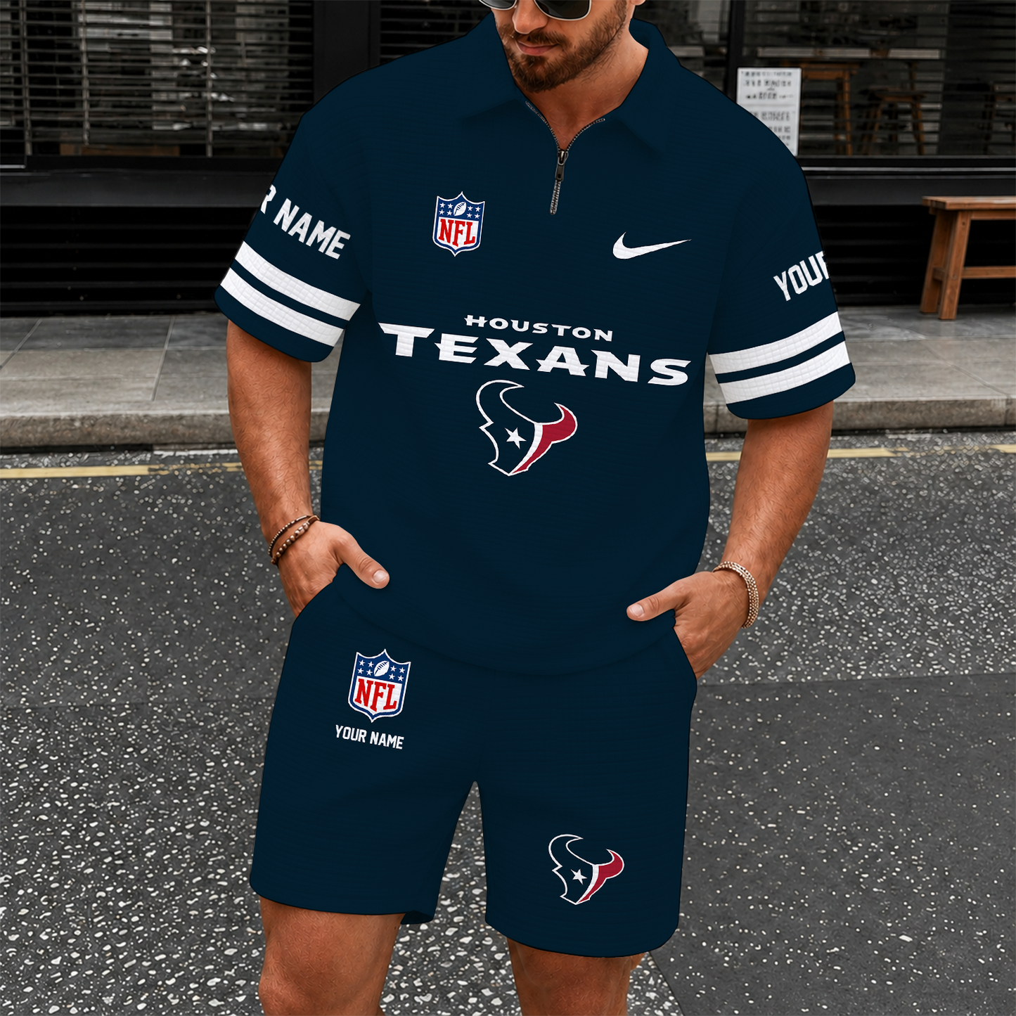[SPECIAL OFFER] NEW CUSTOMIZED NFL15 HTT HOUSTON TEXANS QUARTER-ZIP POLO SHIRT & SHORTS SET