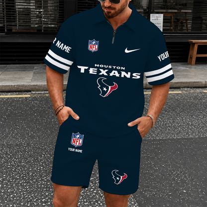 [SPECIAL OFFER] NEW CUSTOMIZED NFL15 HTT HOUSTON TEXANS QUARTER-ZIP POLO SHIRT & SHORTS SET