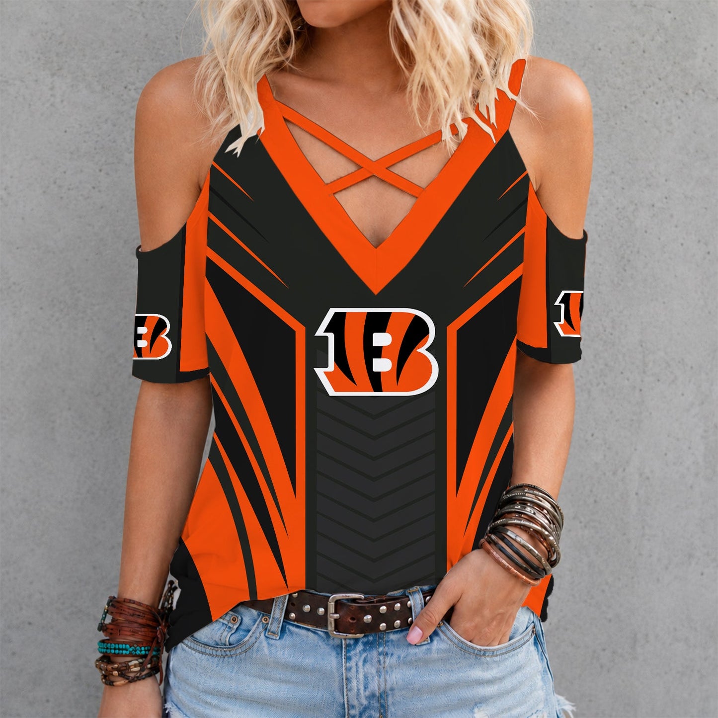 [SPECIAL OFFER] NEW CUSTOMIZED NFL16 CCB CINCINNATI BENGALS CRISS CROSS V-NECK TOP