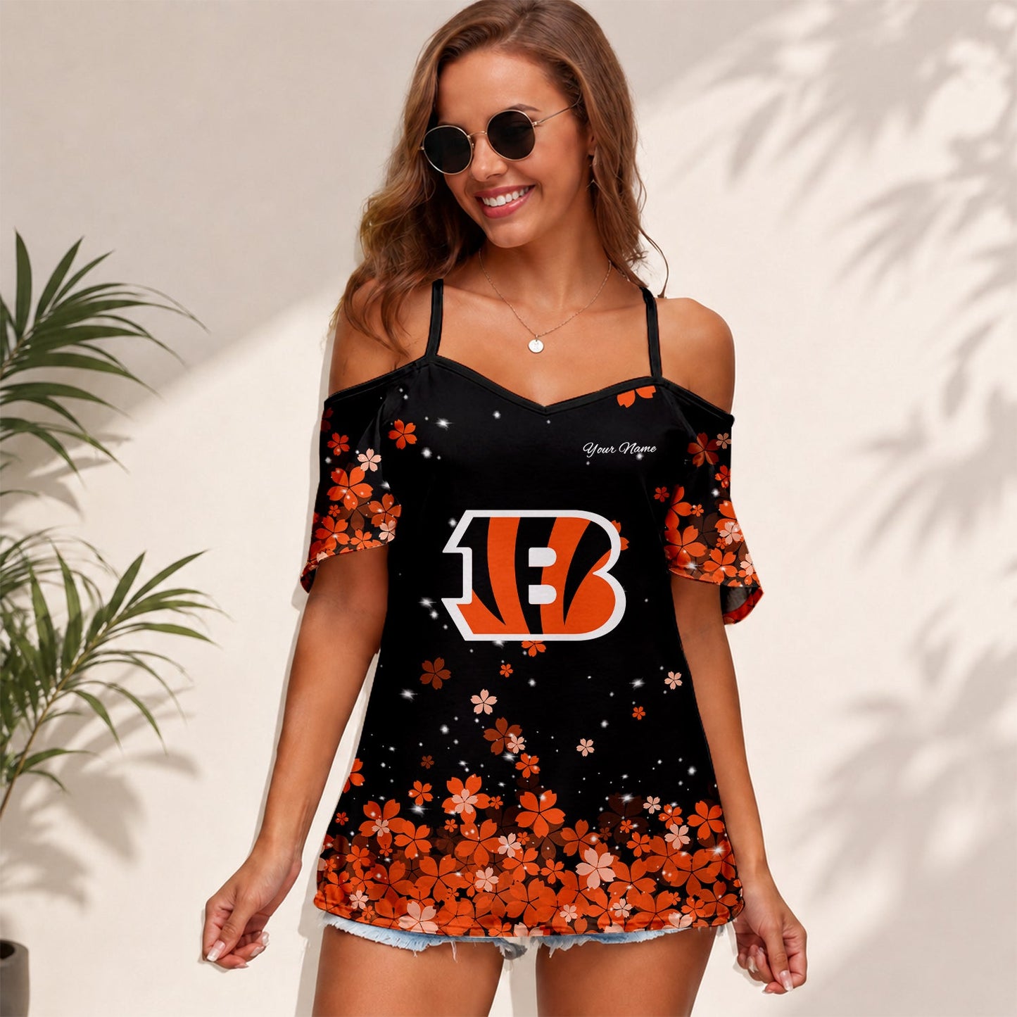 [SPECIAL OFFER] NEW CUSTOMIZED NFL16 CCB CINCINNATI BENGALS WOMEN'S STRAPPY OFF-SHOULDER TOP