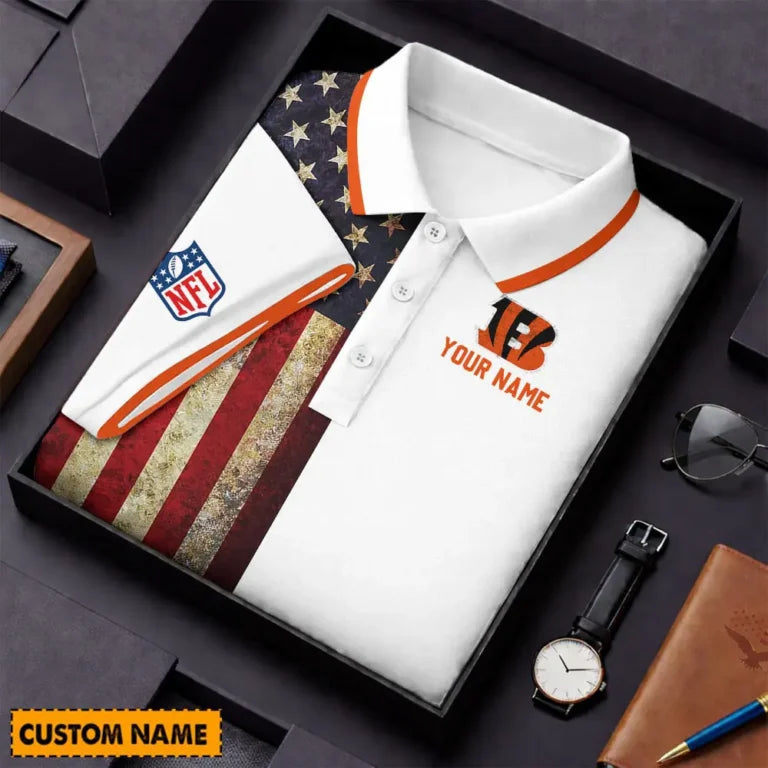 [SPECIAL OFFER] NEW CUSTOMIZED NFL16 CCB CINCINNATI BENGALS US FLAG POLO SHIRT