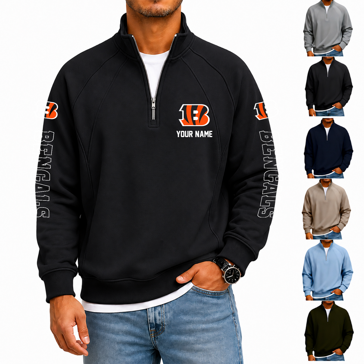 [SPECIAL OFFER] NEW CUSTOMIZED NFL16 CCB CINCINNATI BENGALS MEN'S QUARTER ZIP PULLOVER