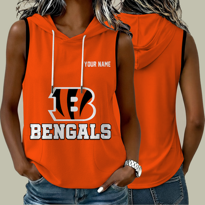 [SPECIAL OFFER] NEW CUSTOMIZED NFL16 CCB CINCINNATI BENGALS WOMEN'S SLEEVELESS HOODED POCKET TANK TOP