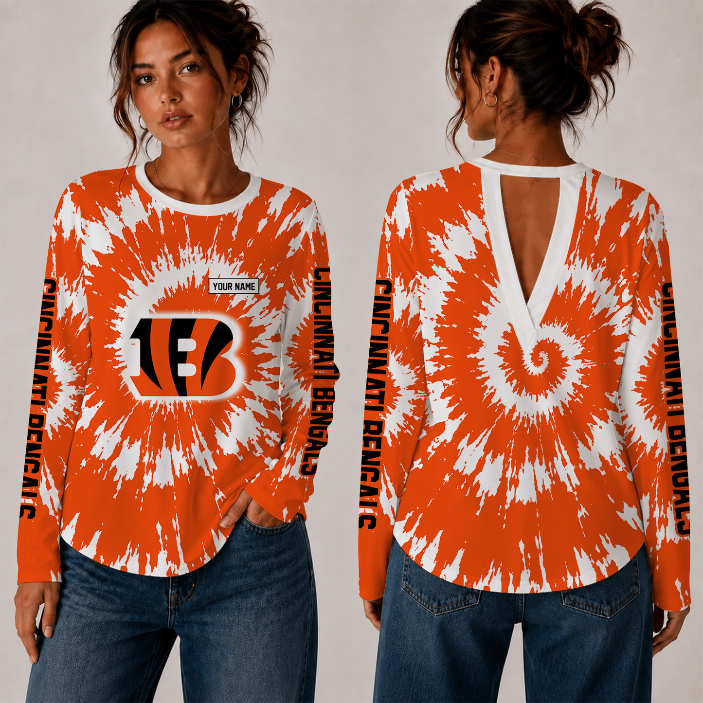 [SPECIAL OFFER] NEW CUSTOMIZED NFL16 CCB CINCINNATI BENGALS WOMEN'S BACK V-CUT LONG-SLEEVE SHIRT