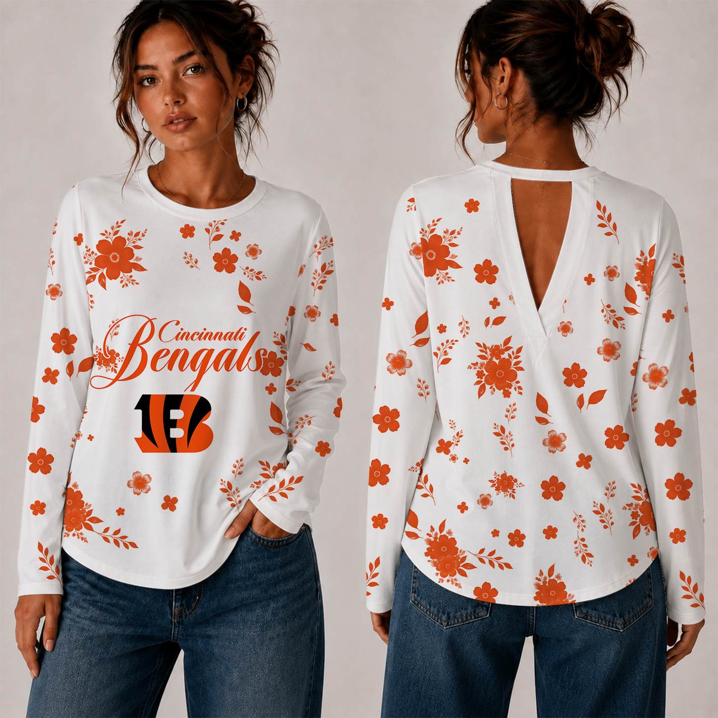 [SPECIAL OFFER] NEW CUSTOMIZED NFL16 CCB CINCINNATI BENGALS WOMEN'S BACK V-CUT LONG-SLEEVE SHIRT