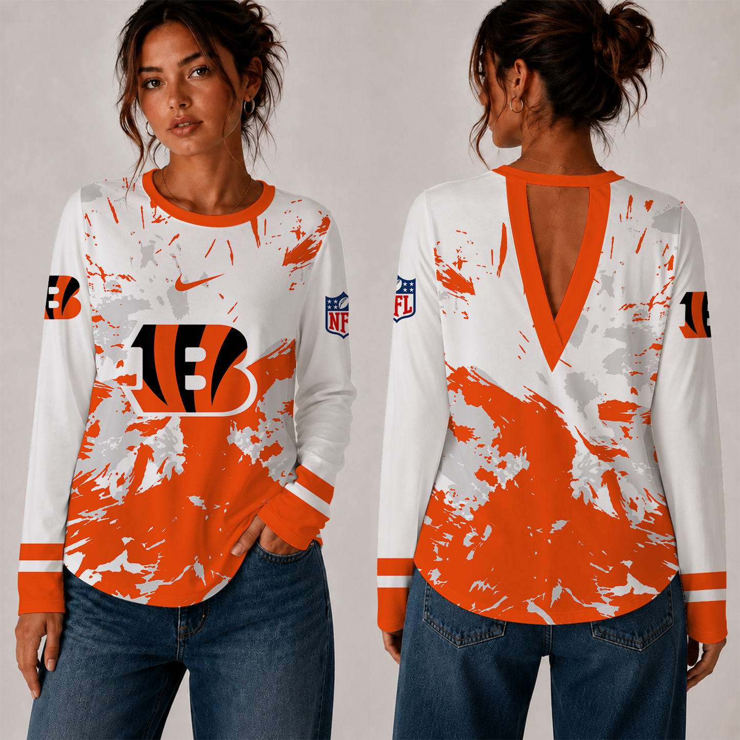 [SPECIAL OFFER] NEW CUSTOMIZED NFL16 CCB CINCINNATI BENGALS WOMEN'S BACK V-CUT LONG-SLEEVE SHIRT