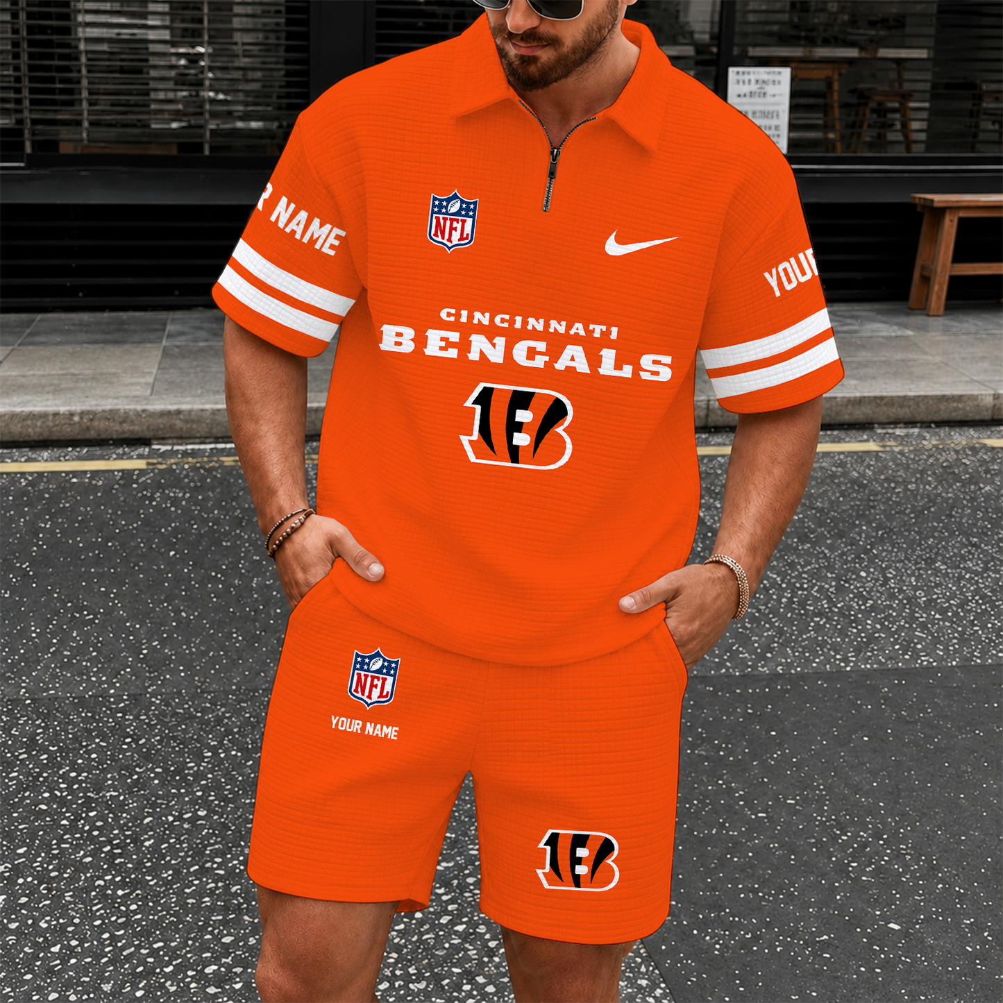 [SPECIAL OFFER] NEW CUSTOMIZED NFL16 CCB CINCINNATI BENGALS QUARTER-ZIP POLO SHIRT & SHORTS SET