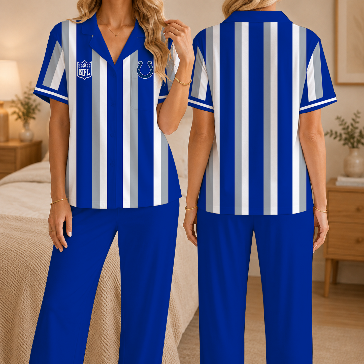 [SPECIAL OFFER] NEW CUSTOMIZED NFL17 IDC INDIANAPOLIS COLTS SHORT SLEEVE & LONG PANTS PAJAMAS SET