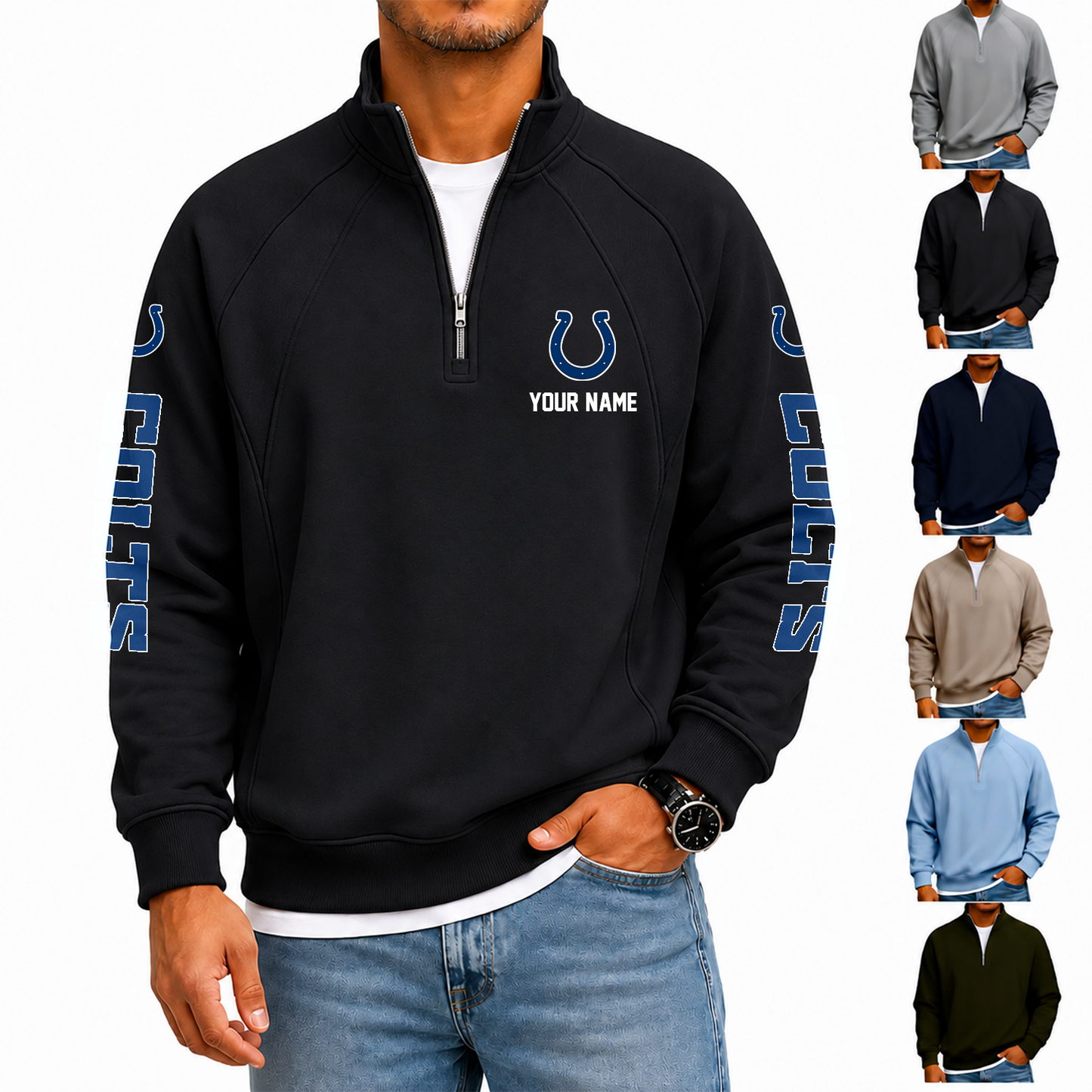 [SPECIAL OFFER] NEW CUSTOMIZED NFL17 IDC INDIANAPOLIS COLTS MEN'S QUARTER ZIP PULLOVER