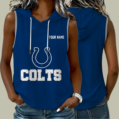 [SPECIAL OFFER] NEW CUSTOMIZED NFL17 IDC INDIANAPOLIS COLTS WOMEN'S SLEEVELESS HOODED POCKET TANK TOP