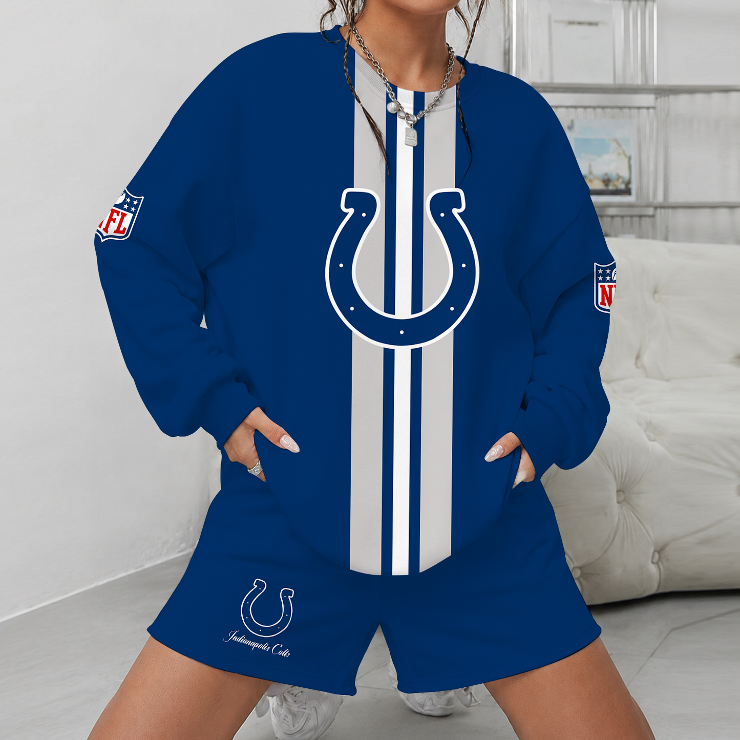 [SPECIAL OFFER] NEW CUSTOMIZED NFL17 IDC INDIANAPOLIS COLTS UNISEX SWEATSHIRT & SHORTS SET