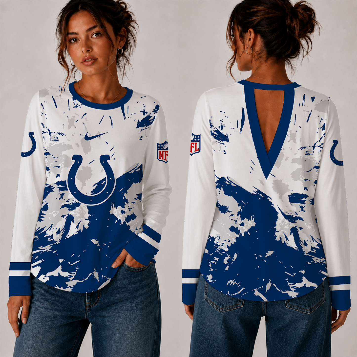 [SPECIAL OFFER] NEW CUSTOMIZED NFL17 IDC INDIANAPOLIS COLTS WOMEN'S BACK V-CUT LONG-SLEEVE SHIRT
