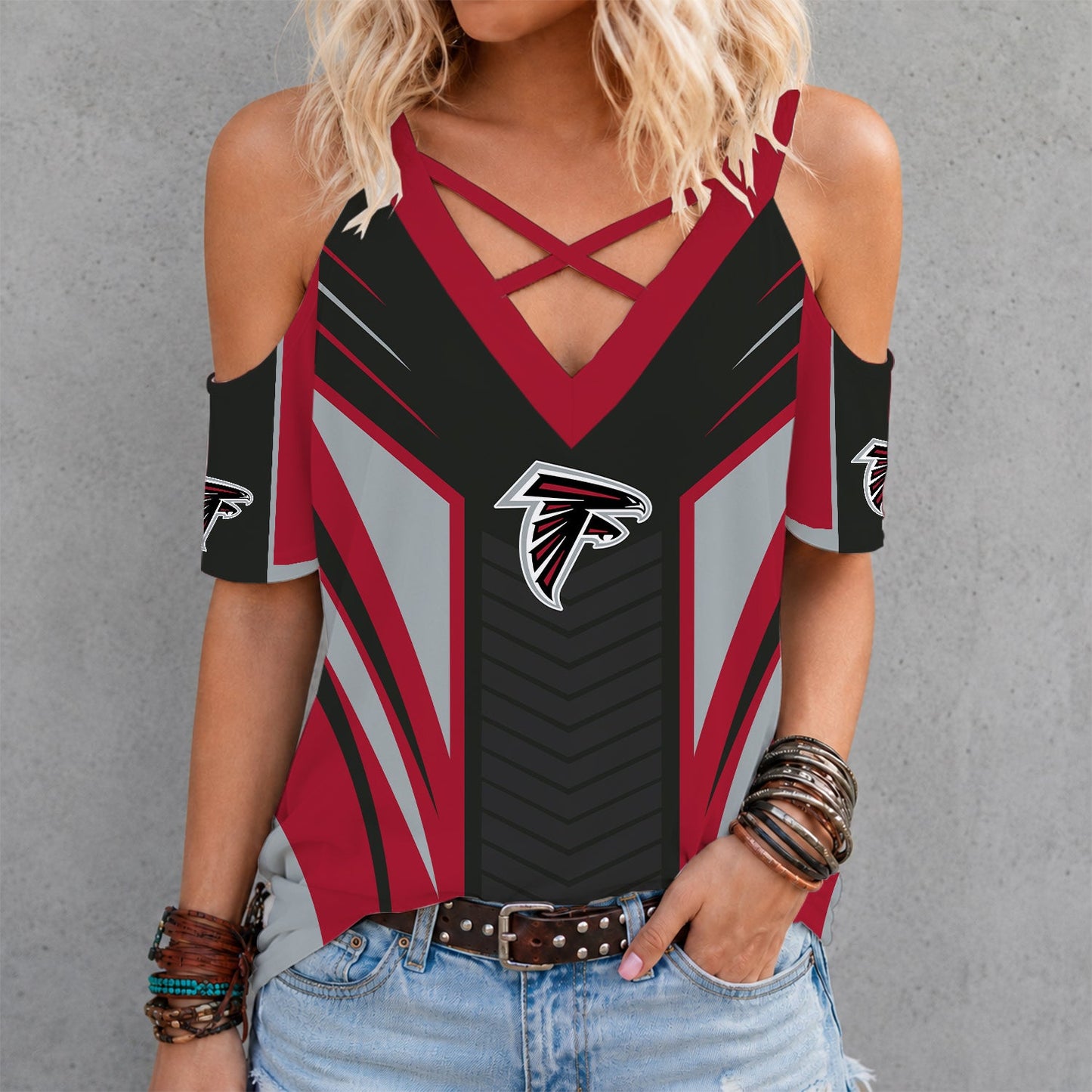 [SPECIAL OFFER] NEW CUSTOMIZED NFL18 ATF ATLANTA FALCONS CRISS CROSS V-NECK TOP