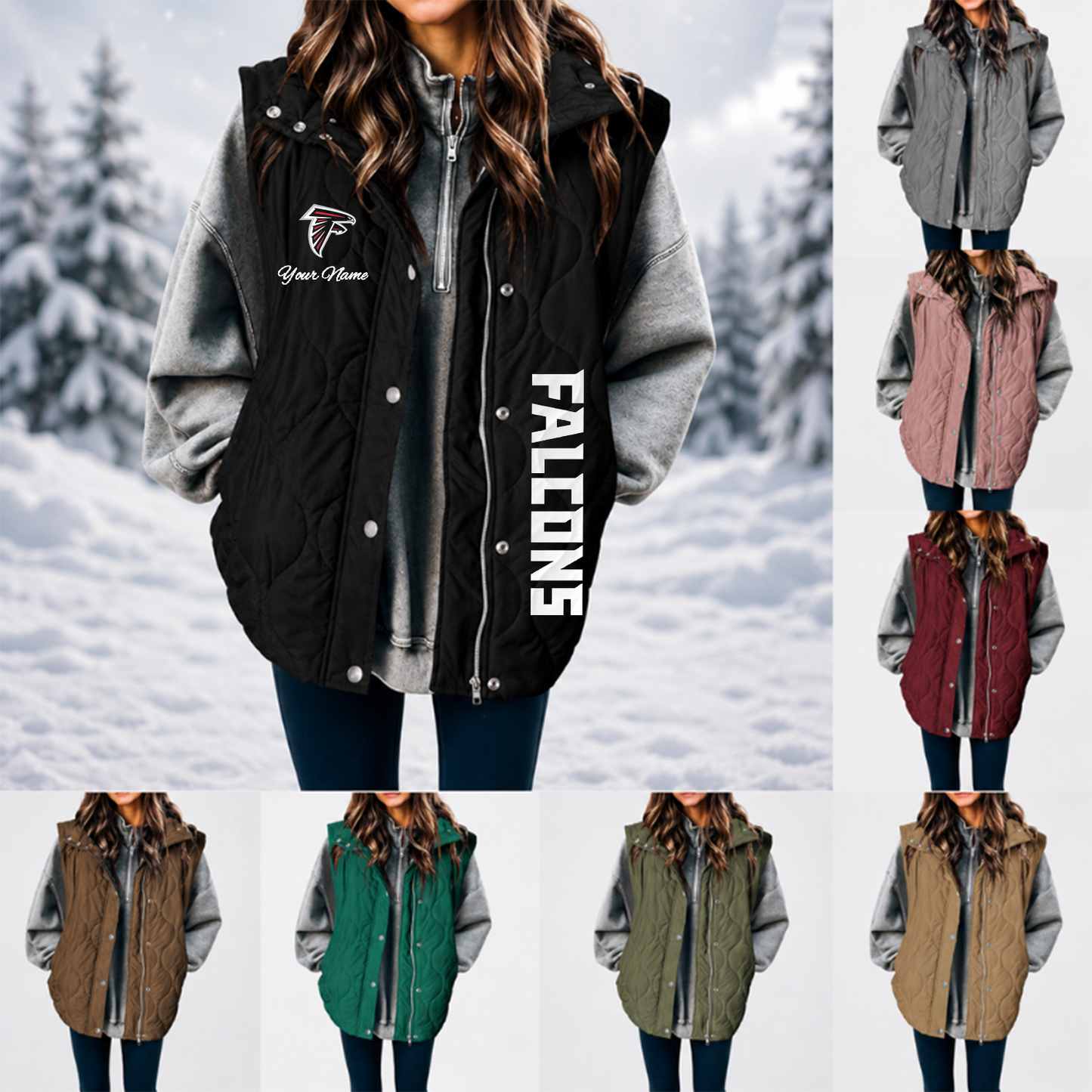 [SPECIAL OFFER] NEW CUSTOMIZED NFL18 ATF ATLANTA FALCONS WOMEN'S MULTICOLOR SLEEVELESS PUFFER COAT