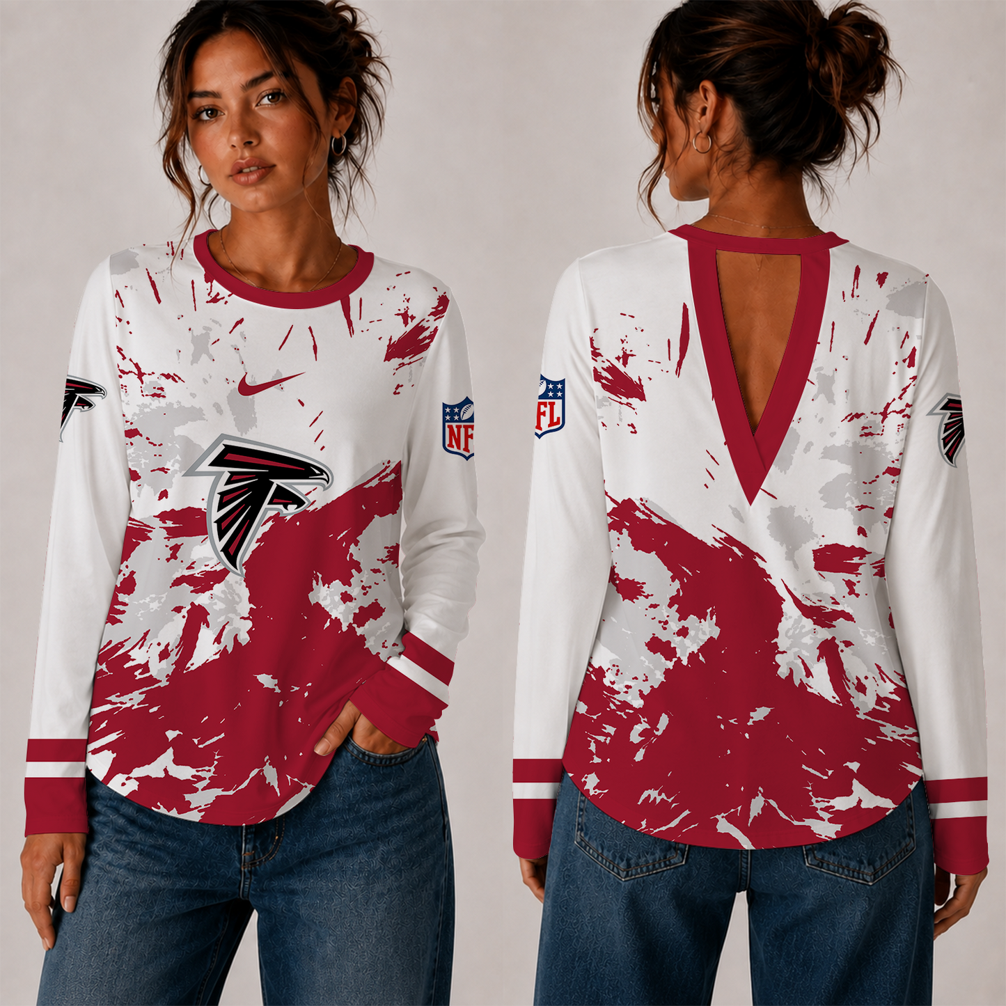 [SPECIAL OFFER] NEW CUSTOMIZED NFL18 ATF ATLANTA FALCONS WOMEN'S BACK V-CUT LONG-SLEEVE SHIRT