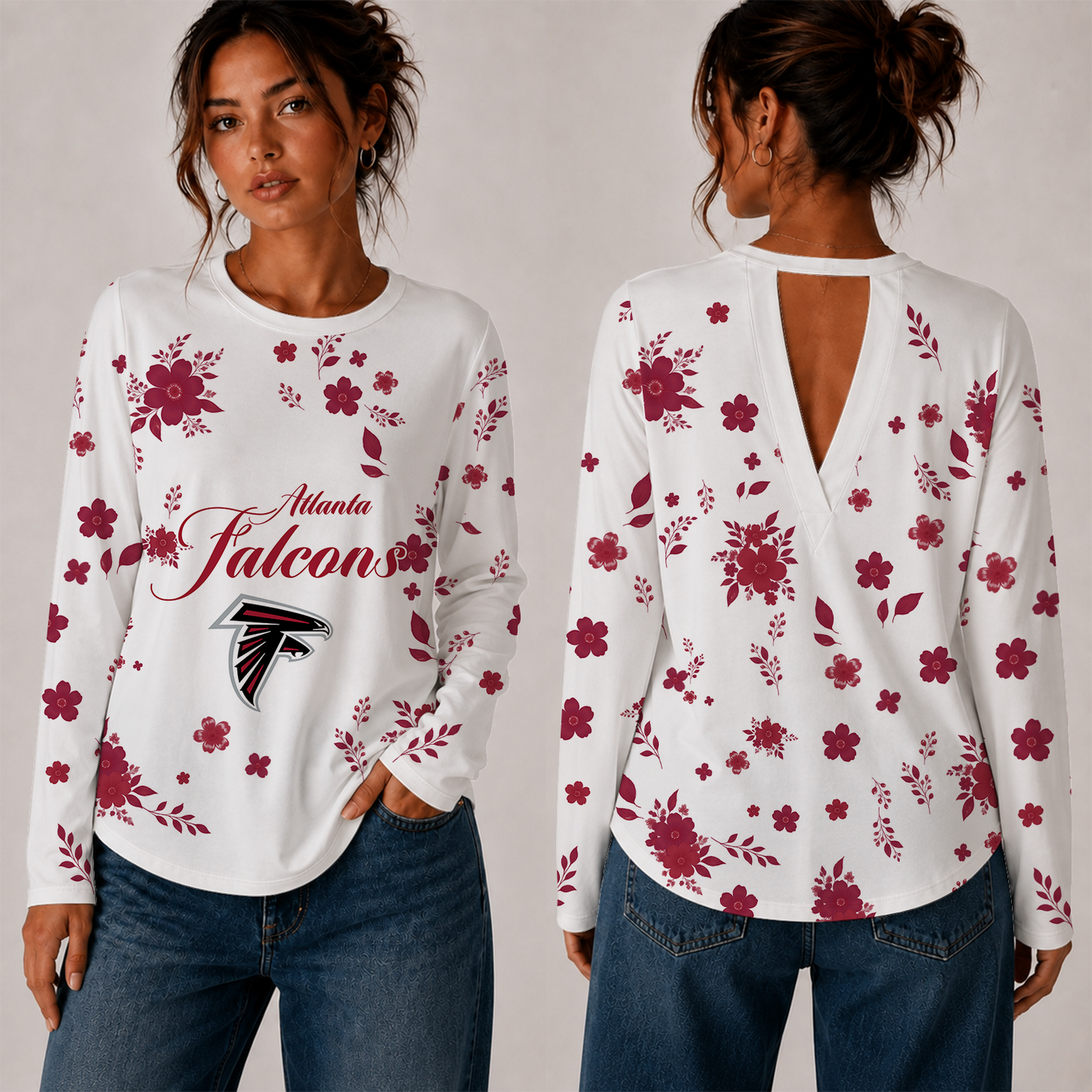 [SPECIAL OFFER] NEW CUSTOMIZED NFL18 ATF ATLANTA FALCONS WOMEN'S BACK V-CUT LONG-SLEEVE SHIRT