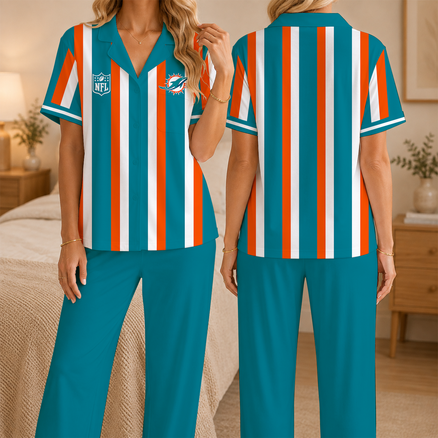 [SPECIAL OFFER] NEW CUSTOMIZED NFL19 MDP MIAMI DOLPHINS SHORT SLEEVE & LONG PANTS PAJAMAS SET