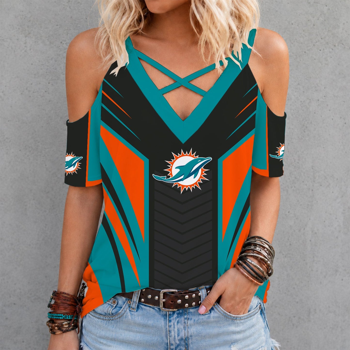 [SPECIAL OFFER] NEW CUSTOMIZED NFL19 MDP MIAMI DOLPHINS CRISS CROSS V-NECK TOP