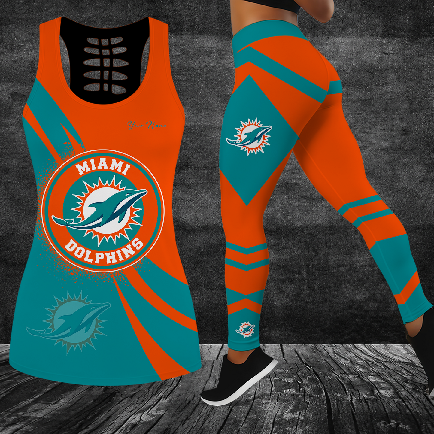 [SPECIAL OFFER] NEW CUSTOMIZED NFL19 MDP MIAMI DOLPHINS HOLLOW TANK TOP & LEGGINGS SET
