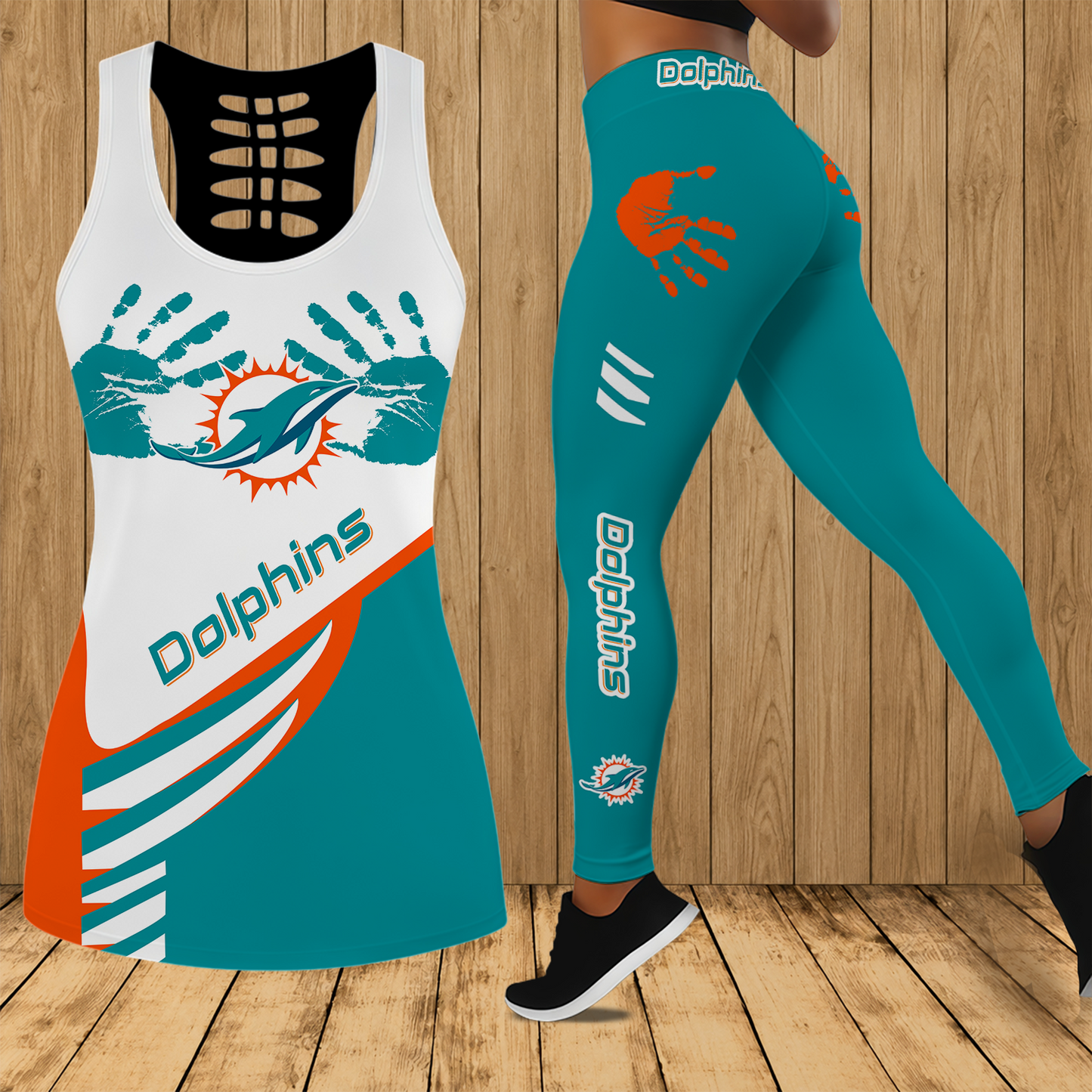 [SPECIAL OFFER] NEW CUSTOMIZED NFL19 MDP MIAMI DOLPHINS HOLLOW TANK TOP & LEGGINGS SET