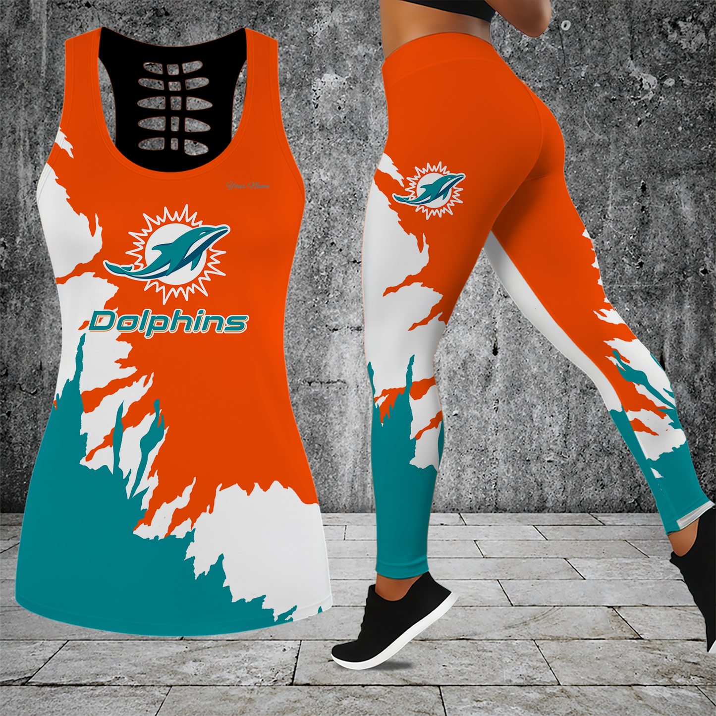 [SPECIAL OFFER] NEW CUSTOMIZED NFL19 MDP MIAMI DOLPHINS HOLLOW TANK TOP & LEGGINGS SET