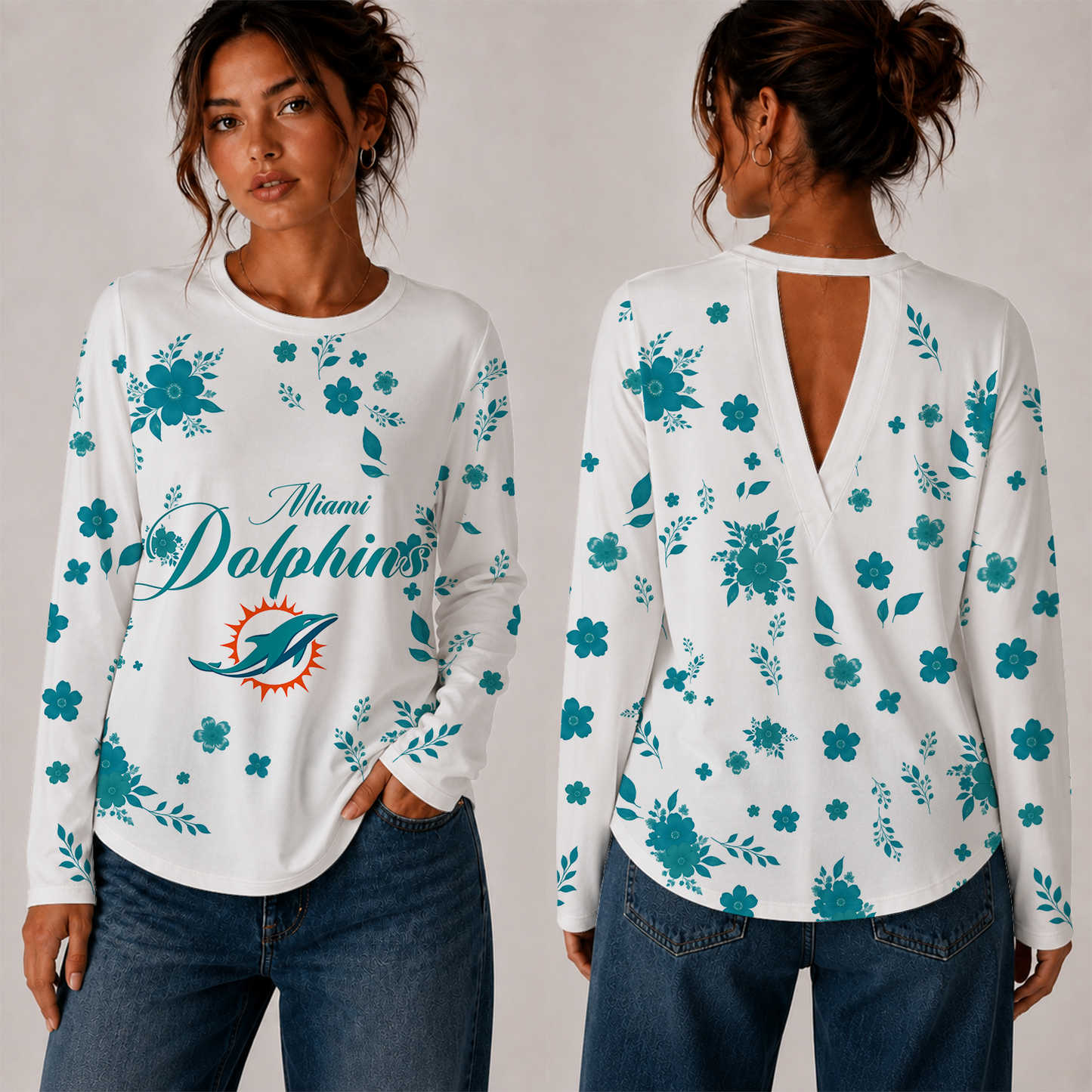 [SPECIAL OFFER] NEW CUSTOMIZED NFL19 MDP MIAMI DOLPHINS WOMEN'S BACK V-CUT LONG-SLEEVE SHIRT